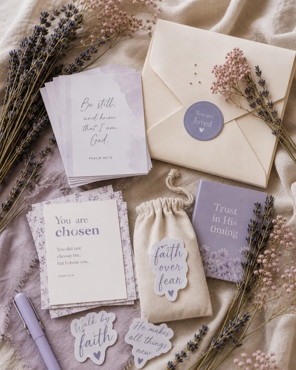A Drops of Joy envelope with devotional cards, stickers, and dried lavender